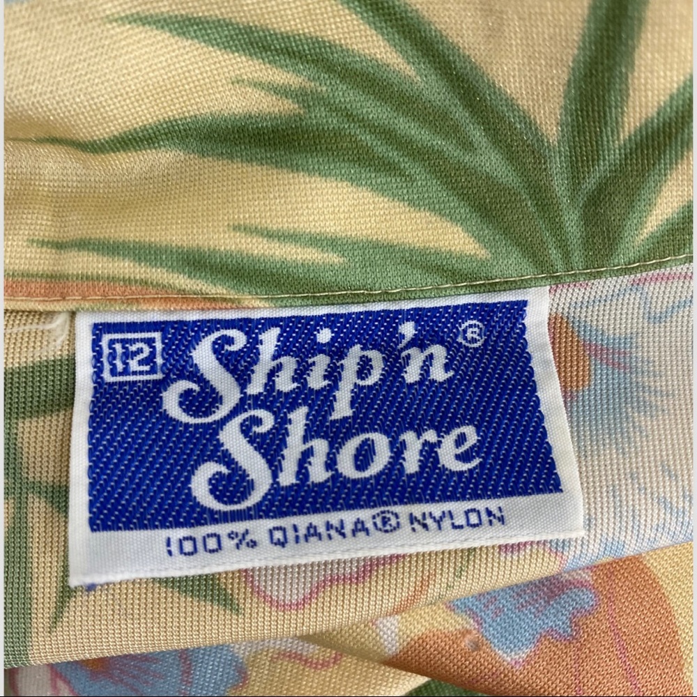 Vintage Pale Yellow Bird Palm Tree Hawaiian Coconut Girl Button Down - Picture 6 of 9